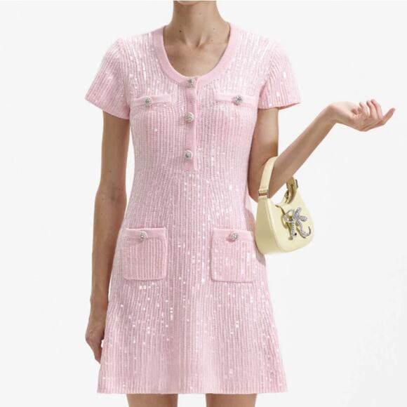 Self-Portrait Pink Sequin Knit Short Sleeve Mini Dress NWT - Picture 1 of 10